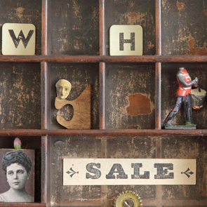 wooden printers tray artwork detail close up curios 