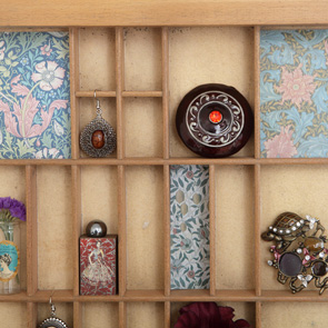 wooden printers tray artwork detail close up curios 