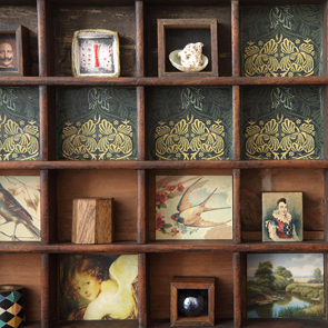 wooden printers tray artwork detail close up curios 