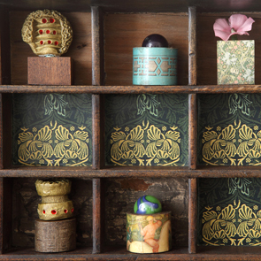 wooden printers tray artwork detail close up curios 