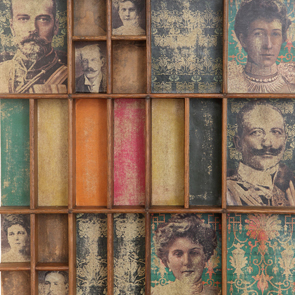wooden printers tray artwork detail close up curios 