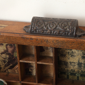 wooden printers tray artwork detail close up curios 
