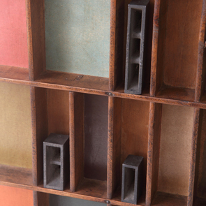 wooden printers tray artwork detail close up curios 