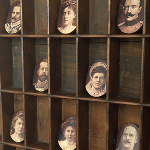 wooden printers tray artwork detail close up curios 