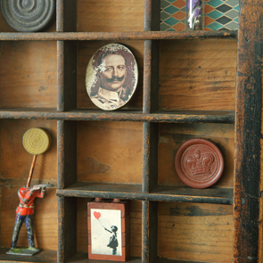 wooden printers tray artwork detail close up curios 