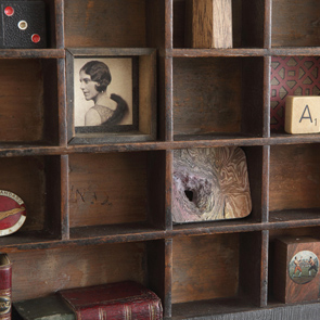 wooden printers tray artwork detail close up curios 