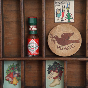 wooden printers tray artwork detail close up curios 
