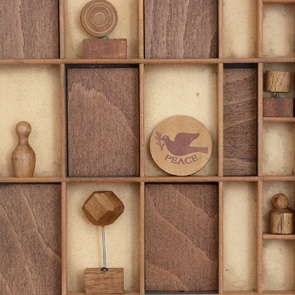 wooden printers tray artwork detail close up curios 