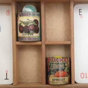 wooden printers tray artwork detail close up curios 