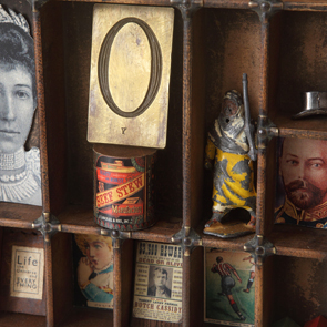 wooden printers tray artwork detail close up curios 