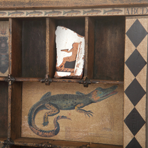wooden printers tray artwork detail close up curios 