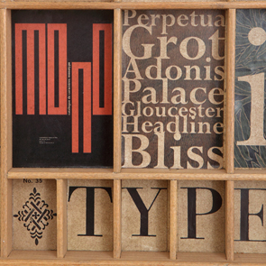 wooden printers tray artwork detail close up curios 