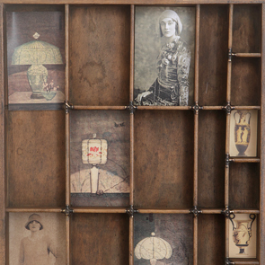 wooden printers tray artwork detail close up curios 