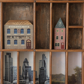 wooden printers tray artwork detail close up curios 