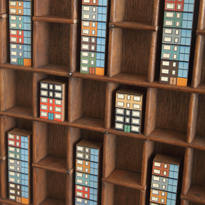 wooden printers tray artwork detail close up curios 