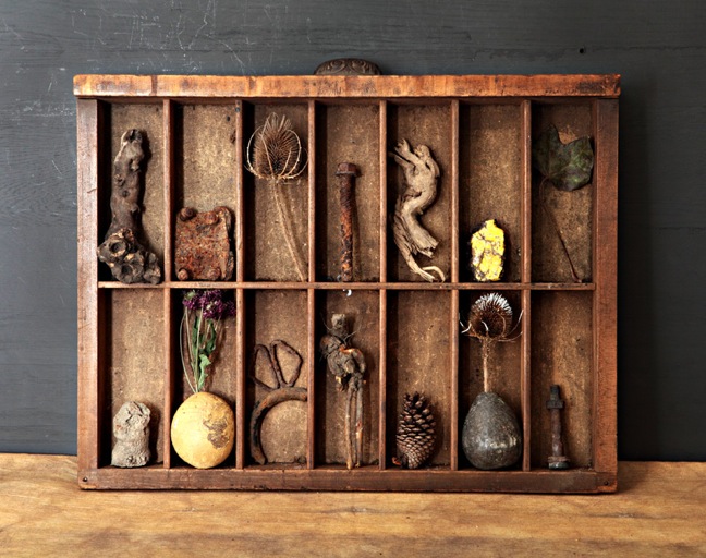 Found Objects in an Antique Victorian Letterpress Printers Tray Type Case